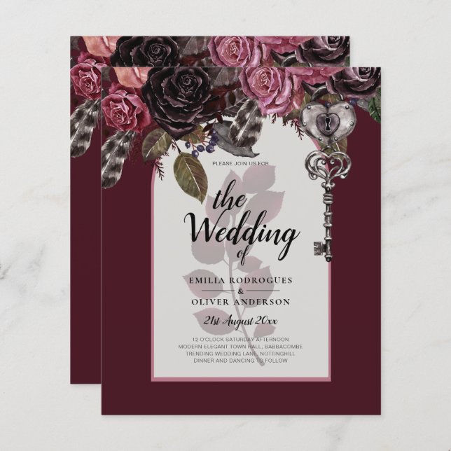 Burgundy Wine Floral Wedding Fall Winter INVITE (Front/Back)