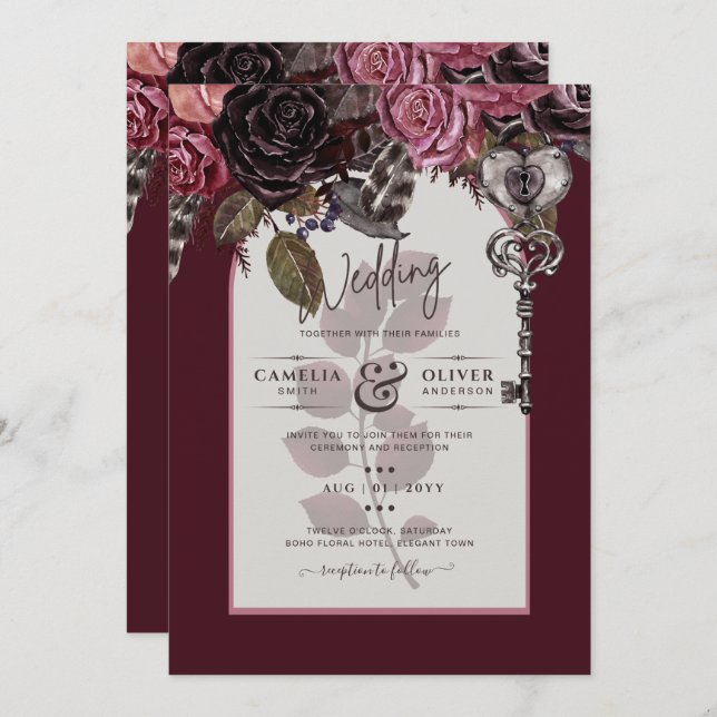 Burgundy Wine Floral Wedding Fall Winter INVITE (Front/Back)