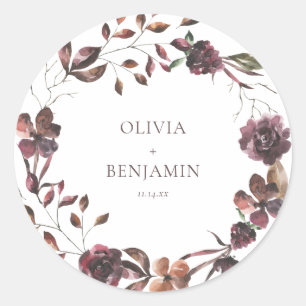 Burgundy Wine Floral Wreath Personalised Wedding Classic Round Sticker