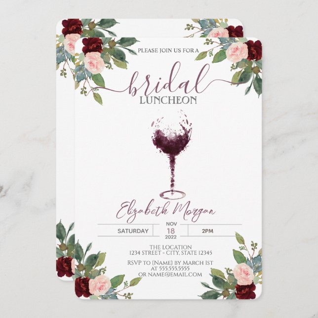 Burgundy Wine Glass Roses Bridal Luncheon  Invitation (Front/Back)