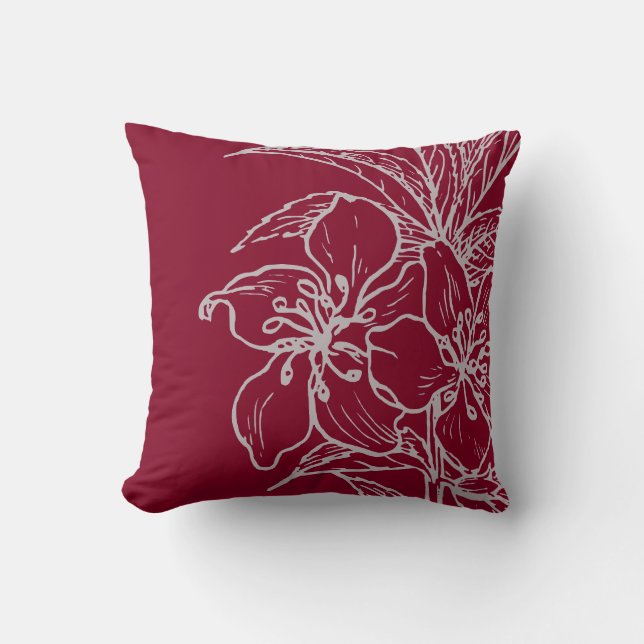 Burgundy Wine & Grey Botanical | Almond Plant Cushion (Front)