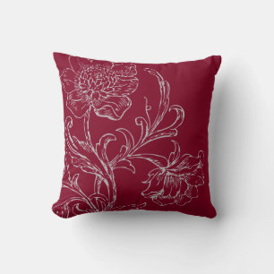 Burgundy Wine & Grey Modern Elegant Floral Cushion