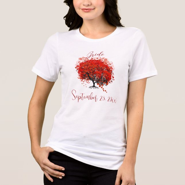 Burgundy Wine Heart Leaf Tree Wedding T-Shirts (Front)