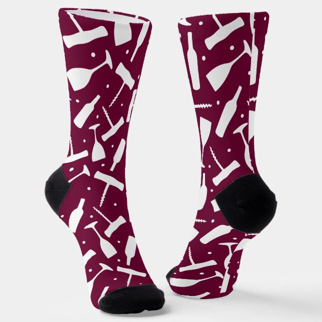 Burgundy Wine Lover Wine Glasses Patterned Socks (Angled)