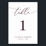 Burgundy Wine Minimalist Wedding | Event Custom Ta Table Number<br><div class="desc">(**PLEASE NOTE: To order,  simply adjust your table number (and name/date) and add each number to your cart separately. Then check out once you are finished.) Beautiful,  elegant,  modern and minimalist,  table number card. Fully customisable with your names (or Event Name) and Date.</div>