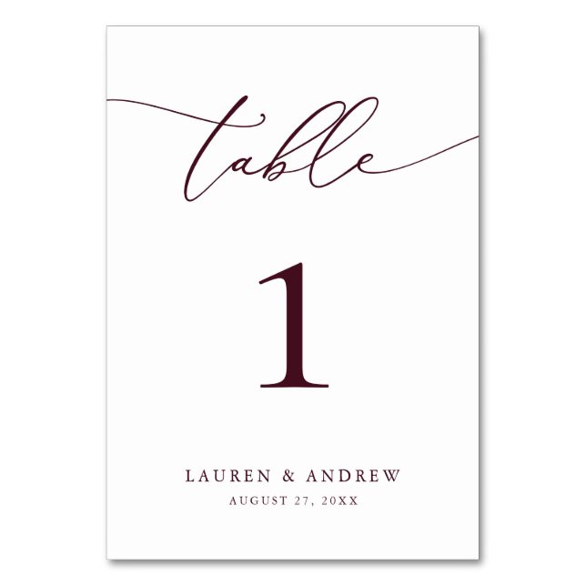 Burgundy Wine Minimalist Wedding | Event Custom Ta Table Number (Front)