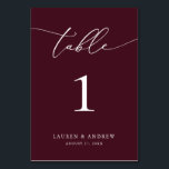 Burgundy Wine Minimalist Wedding | Event Custom Table Number<br><div class="desc">(**PLEASE NOTE: To order,  simply adjust your table number (and name/date) and add each number to your cart separately. Then check out once you are finished.) Beautiful,  elegant,  modern and minimalist,  table number card. Fully customisable with your names (or Event Name) and Date.</div>