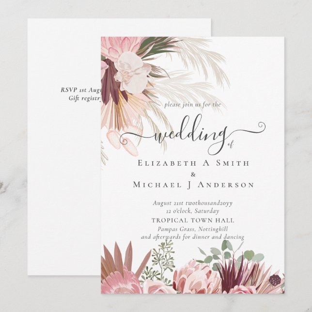 Burgundy Wine Pampas Grass Tropical Wedding (Front/Back)