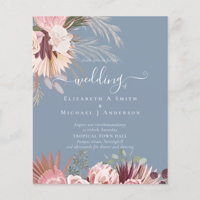 Burgundy Wine Pampas Grass Tropical Wedding Flyer (Front)