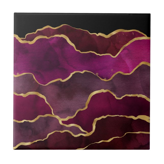 Burgundy Wine Red Abstract Watercolor Pattern Tile (Front)