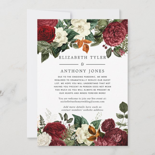 Burgundy Wine Red Floral Reduced Wedding Guests Announcement (Front)