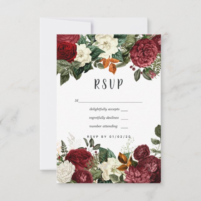 Burgundy Wine Red Floral Wedding RSVP Card (Front)