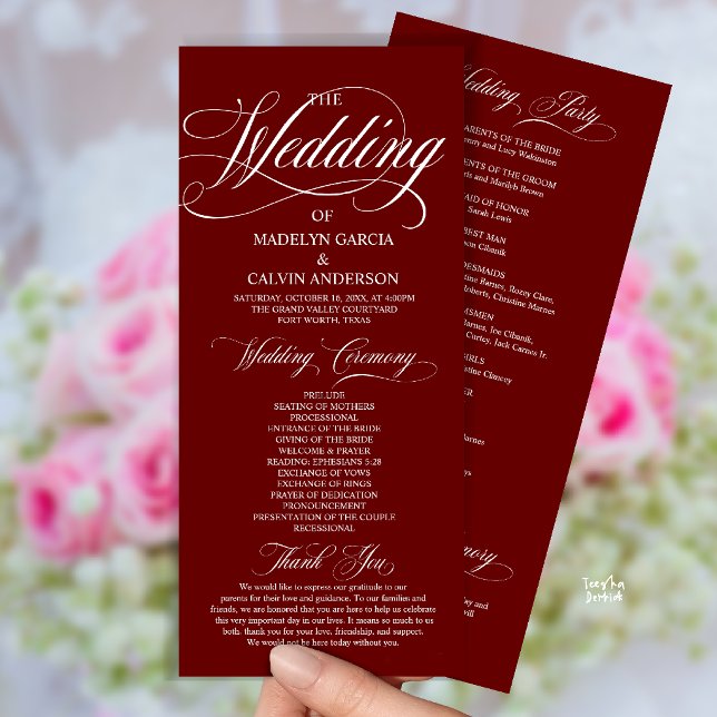 Burgundy Wine Red Modern Script All In One Wedding Programme (Modern Script All In One Wedding Program Card in Burgundy Wine Red)