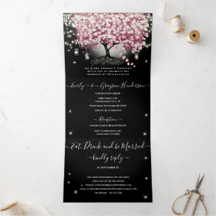 Burgundy Wine Red & Pink Heart Leaf Tree Wedding Tri-Fold Invitation
