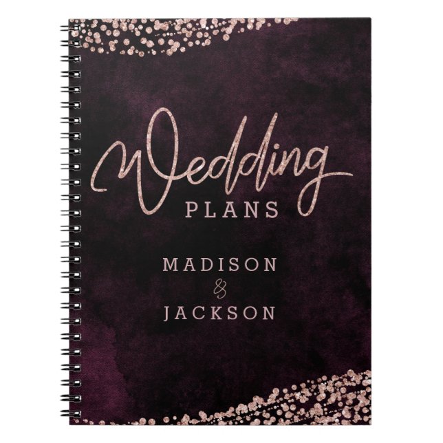 Burgundy Wine Rose Gold Confetti Wedding Planner Spiral Notebook (Front)