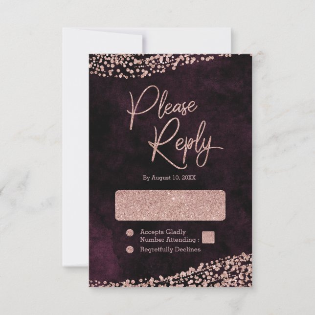 Burgundy Wine & Rose Gold Wedding Reply RSVP (Front)