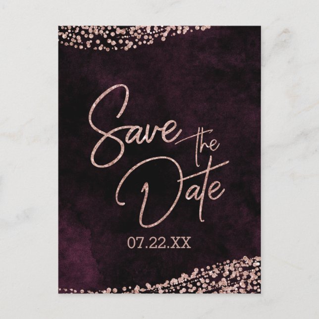 Burgundy Wine & Rose Gold Wedding Save the Date Announcement Postcard (Front)