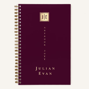 Burgundy Wine Shiny Gold Elegant Monogram Notebook