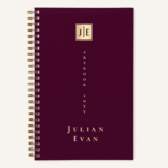 Burgundy Wine Shiny Gold Elegant Monogram Notebook (Front)