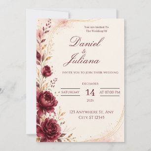 Burgundy Wine Wedding Invitation Romantic Floral