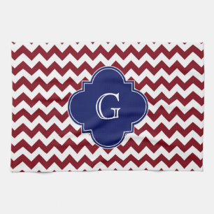 Burgundy Wine, White Chevron Zig-Zag Navy Monogram Tea Towel
