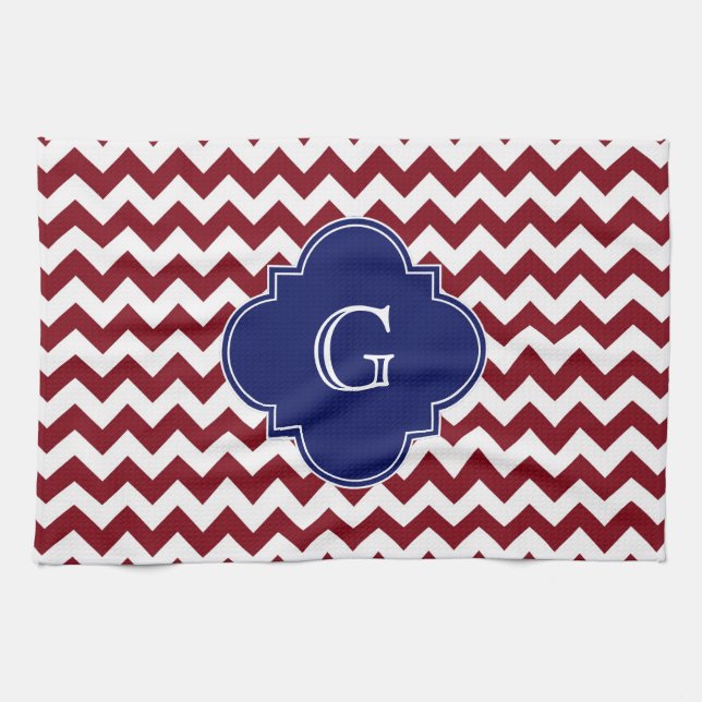 Burgundy Wine, White Chevron Zig-Zag Navy Monogram Tea Towel (Horizontal)