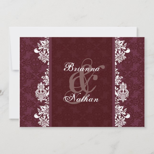 Burgundy Wine & White Damask Wedding Invitation (Front)
