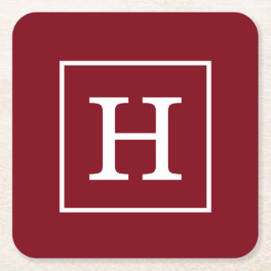 Burgundy Wine White Framed Initial Monogram Square Paper Coaster
