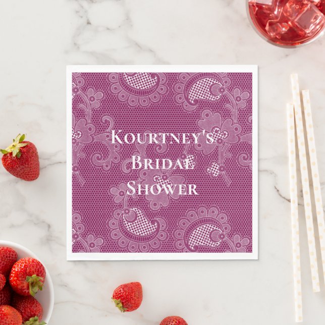Burgundy Wine White Lace Floral Bridal Shower Napkin (Insitu)