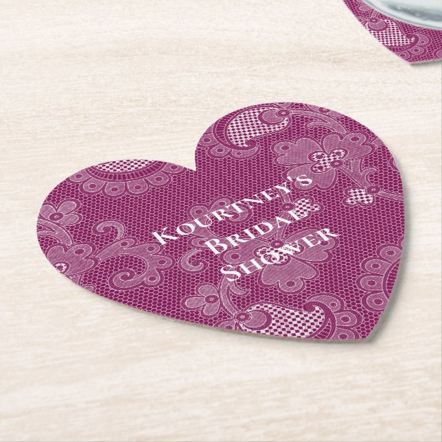 Burgundy Wine White Lace Floral Bridal Shower Paper Coaster (Angled)