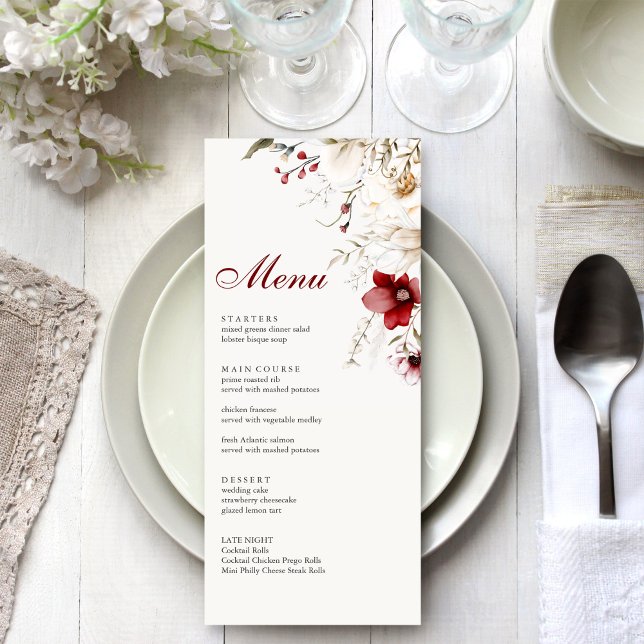Burgundy Winter Elegance Menu Card (Burgundy Winter Elegance Menu Card on a white and silver wedding dinner table.)