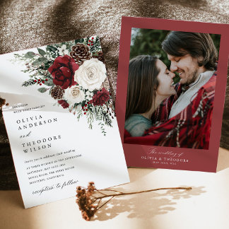 Burgundy Winter Floral Photo Back Wedding Invitation