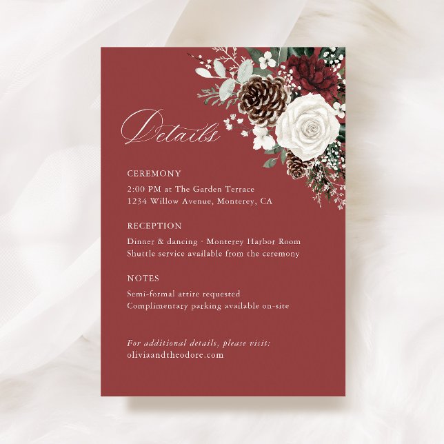 Burgundy Winter Floral Wedding Details, Infomation Enclosure Card (Burgundy winter floral wedding information details card elegant itinerary reception schedule )