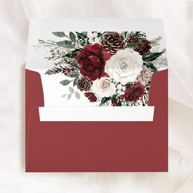 Burgundy Winter Floral Wedding Liner Addressed Envelope (Burgundy winter floral wedding envelope with envelope liner return address rustic elegant stationery)