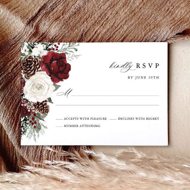 Burgundy Winter Floral Wedding RSVP Card (Burgundy winter floral wedding RSVP card, pinecone ivory rustic elegant response card)