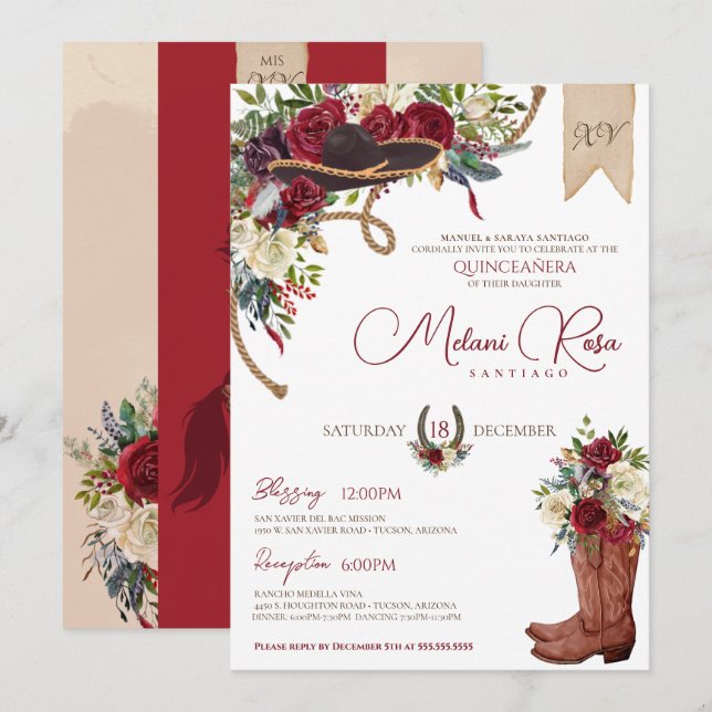 Burgundy Winter Floral Western Charro Quinceanera Invitation (Front/Back)