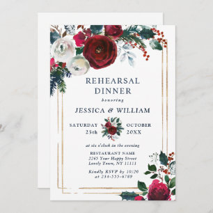 Burgundy Winter Roses Foliage REHEARSAL DINNER Invitation
