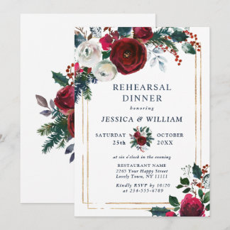 Burgundy Winter Roses Foliage REHEARSAL DINNER Invitation