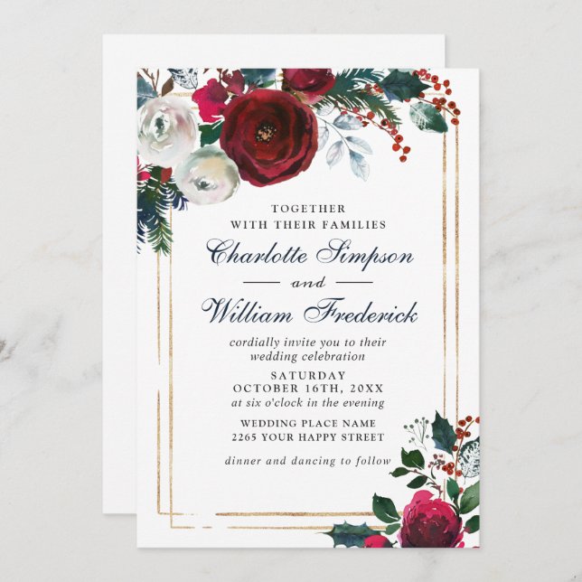 Burgundy Winter Roses Foliage Watercolor Wedding Invitation (Front/Back)