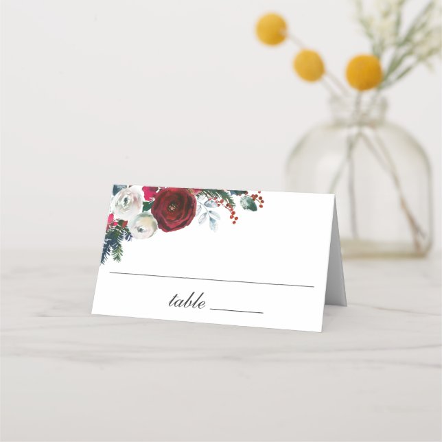 Burgundy Winter Roses Foliage Wedding Table Place Card (Front)