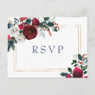 Burgundy Winter Roses Greenery Wedding RSVP Postcard