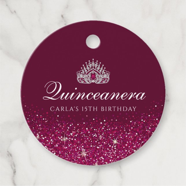 Burgundy with Glitter Quinceanera Favour Tags (Front)