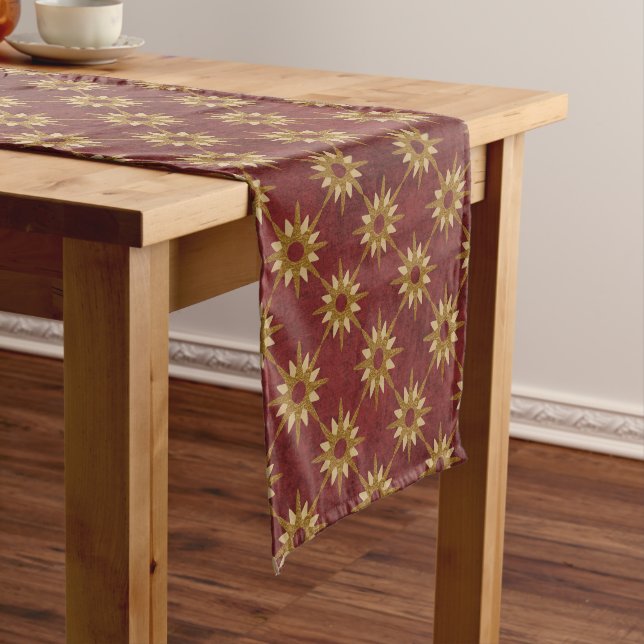 Burgundy with Gold Stars Pattern Short Table Runner (In Situ)