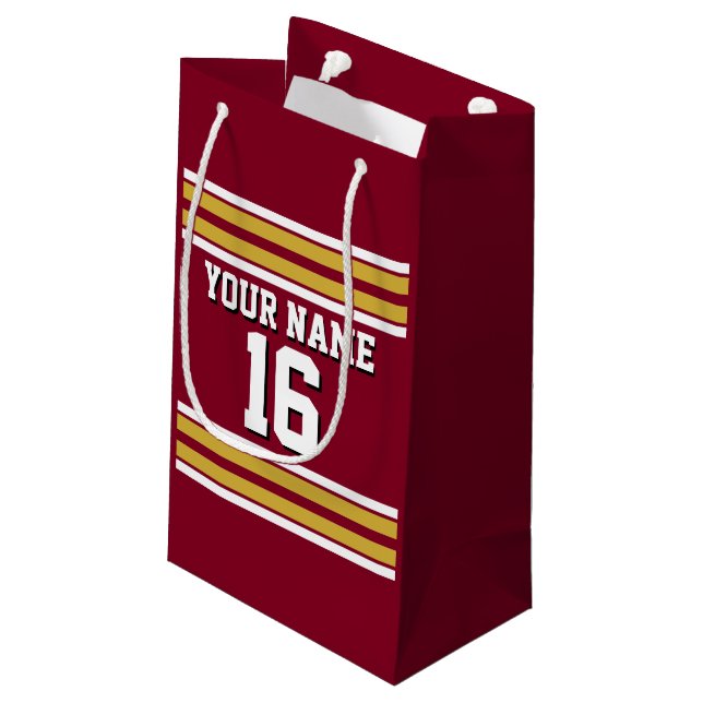 Burgundy with Gold White Stripes Team Jersey Small Gift Bag (Back Angled)
