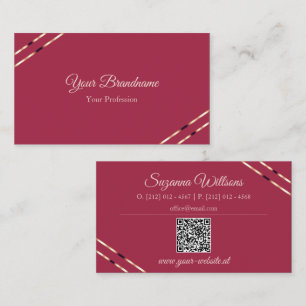 Burgundy with Rose Gold Lines and QR Code Elegant Business Card
