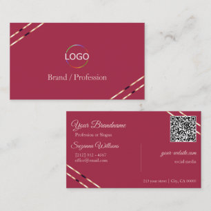 Burgundy with Rose Gold Lines Logo and QR Code Business Card