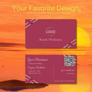 Burgundy with Rose Gold Lines Logo and QR Code Business Card