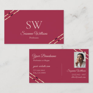 Burgundy with Rose Gold Lines Monogram and Photo Business Card