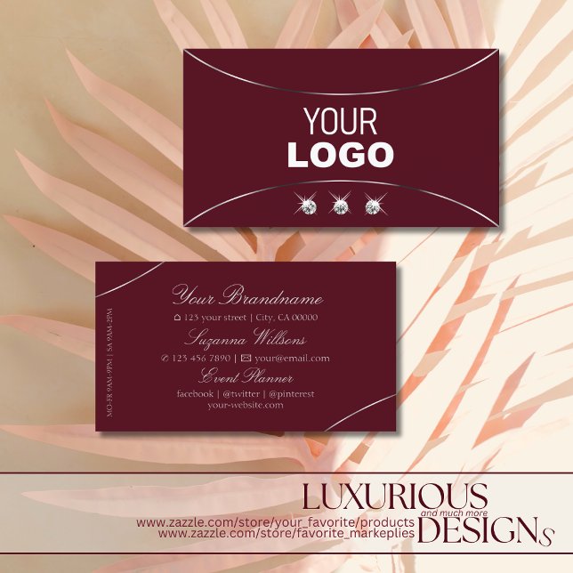 Burgundy with Silver Decor Diamonds and Logo Luxe Business Card (Creator Uploaded)