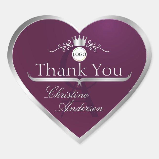 Burgundy with Silver Frame Logo Monogram Thank You Heart Sticker (Front)